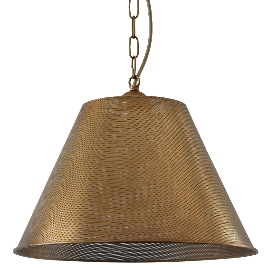Esstischleuchte mit Lochblech-Schirm aus Messing LA CONIQUE: Esstischleuchte/Pendelleuchte mit schöner Lichtwirkung dank Lochblech-Schirm, (hier Messing patiniert, großes Modell mit Ø 35 cm)